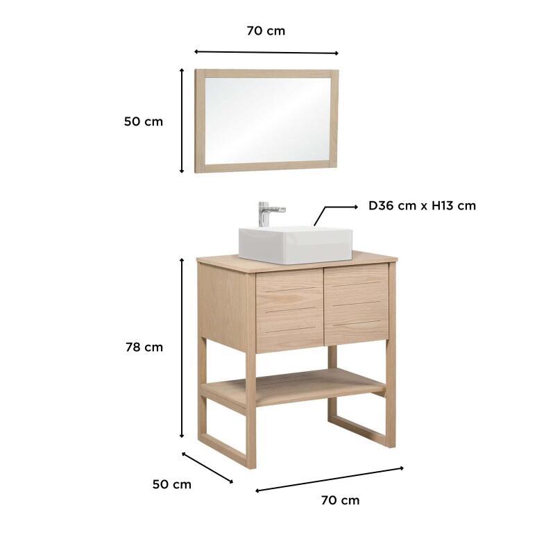 Ensemble salle de bain 70cm chêne naturel avec vasque carrée, robinet et miroir ATOLL