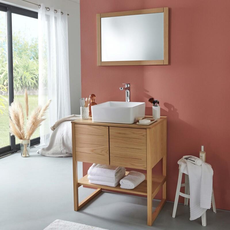 Ensemble salle de bain 70cm chêne naturel avec vasque carrée, robinet et miroir ATOLL
