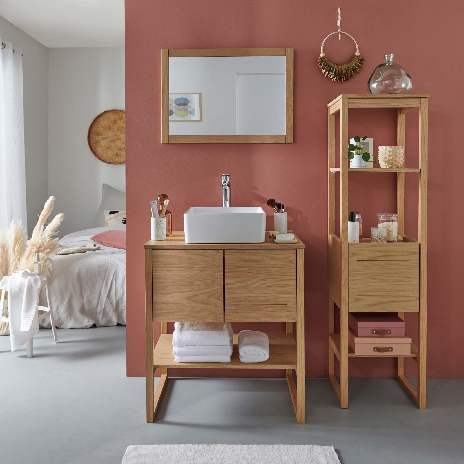 Ensemble salle de bain 70cm chêne naturel avec colonne, vasque carrée, miroir et robinet ATOLL