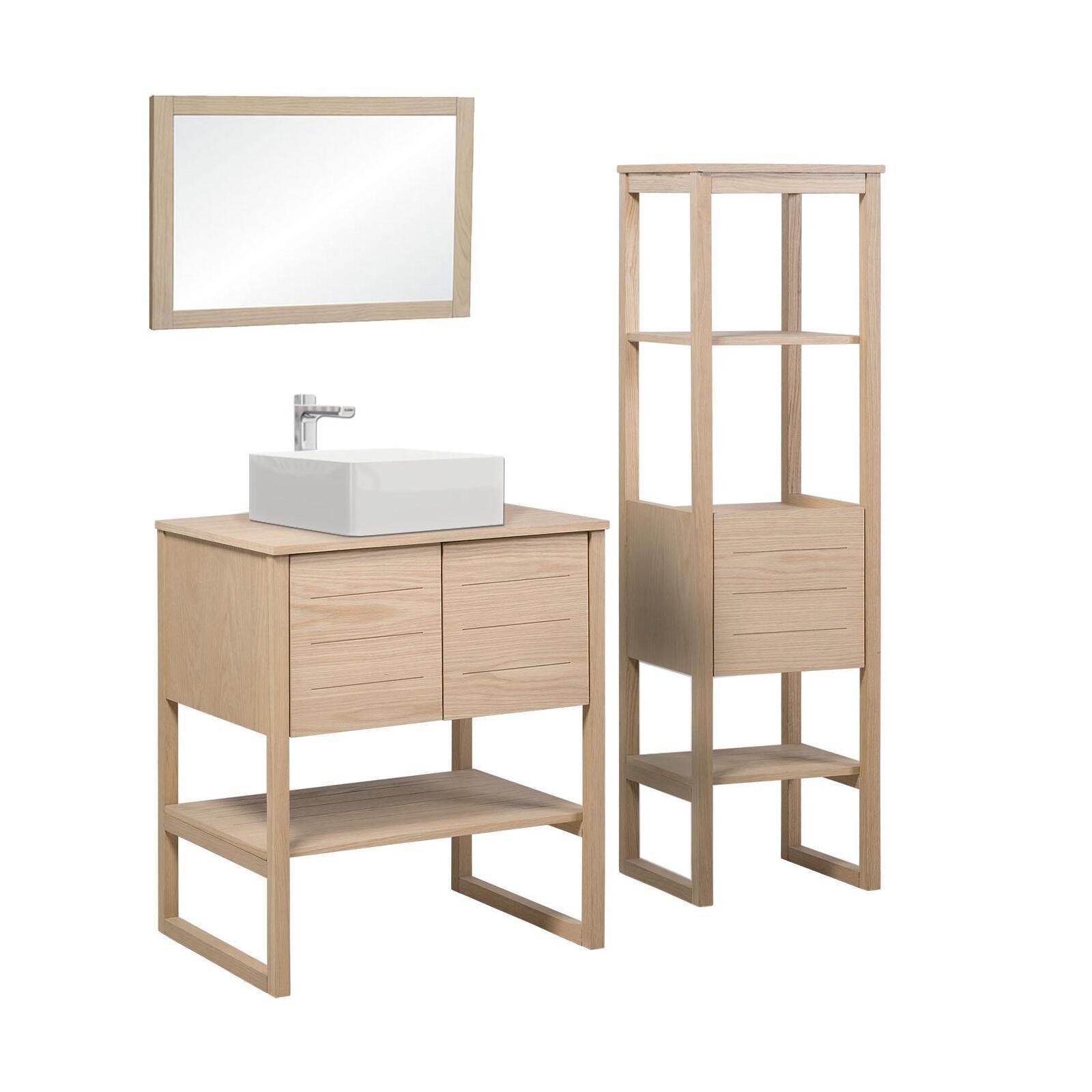 Ensemble salle de bain 70cm chêne naturel avec colonne, vasque carrée, miroir et robinet ATOLL