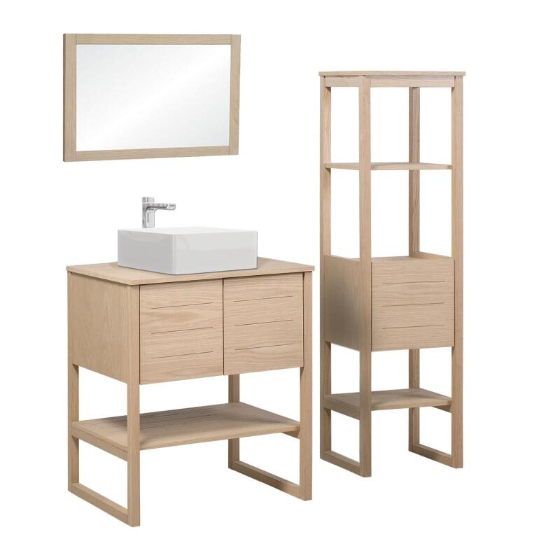 Ensemble salle de bain 70cm chêne naturel avec colonne, vasque carrée, miroir et robinet ATOLL