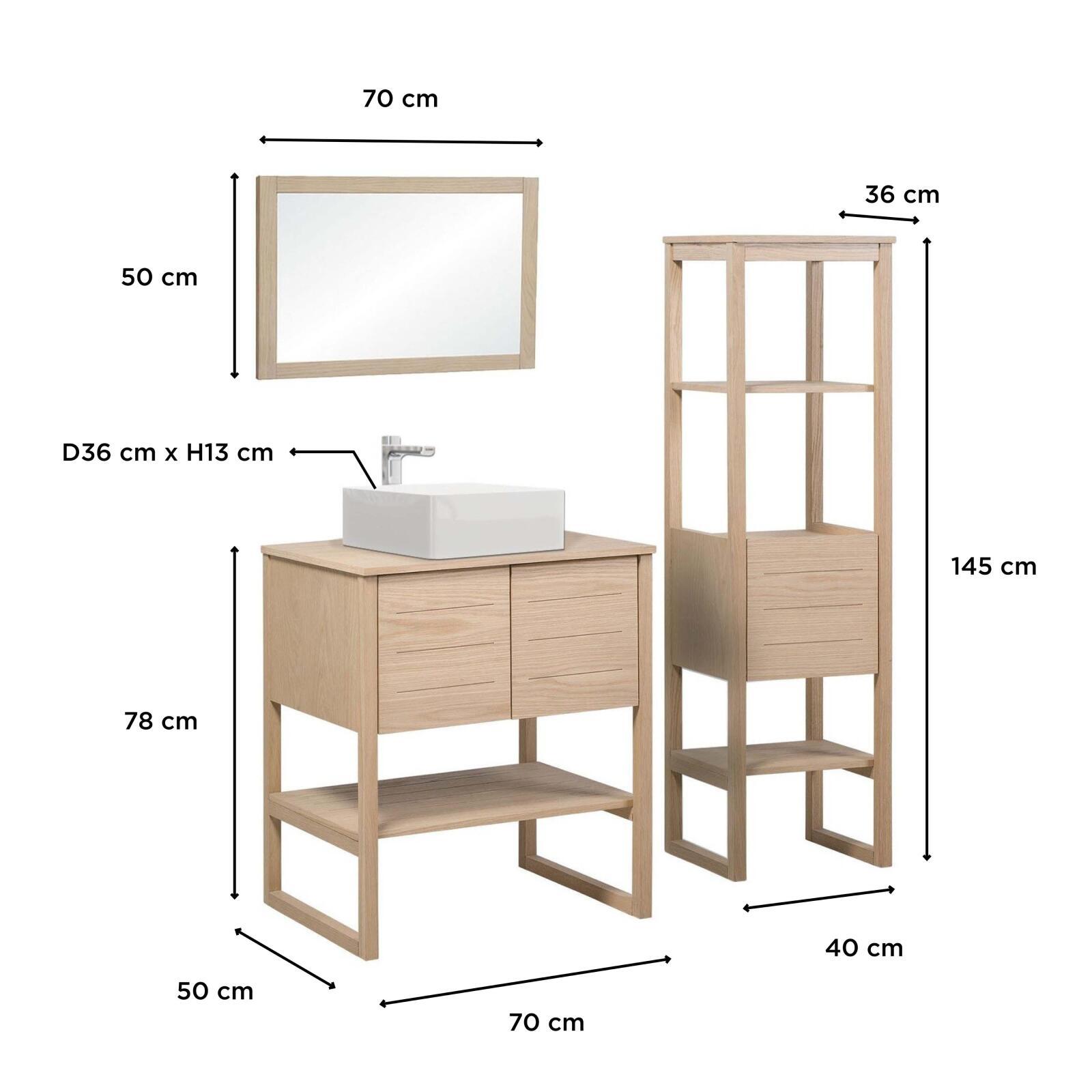 Ensemble salle de bain 70cm chêne naturel avec colonne, vasque carrée, miroir et robinet ATOLL