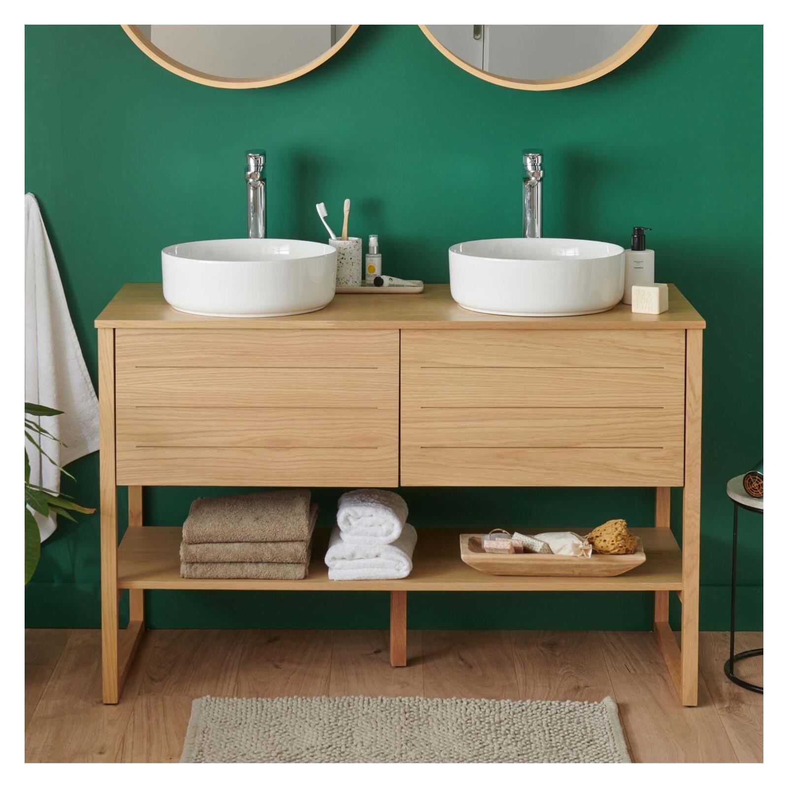 Ensemble meuble double vasque 120cm chêne naturel avec vasques rondes blanches ATOLL
