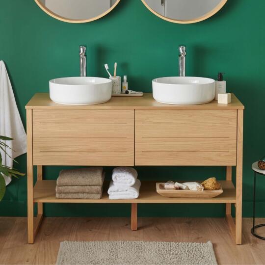 Ensemble meuble double vasque 120cm chêne naturel avec vasques rondes blanches ATOLL