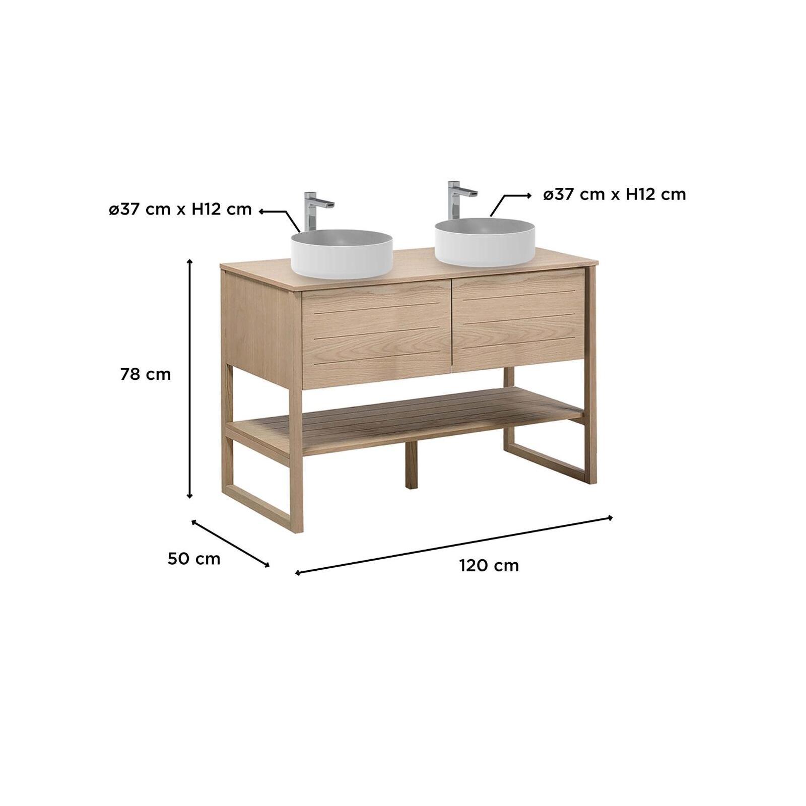 Ensemble meuble double vasque 120cm chêne naturel avec vasques rondes blanches ATOLL