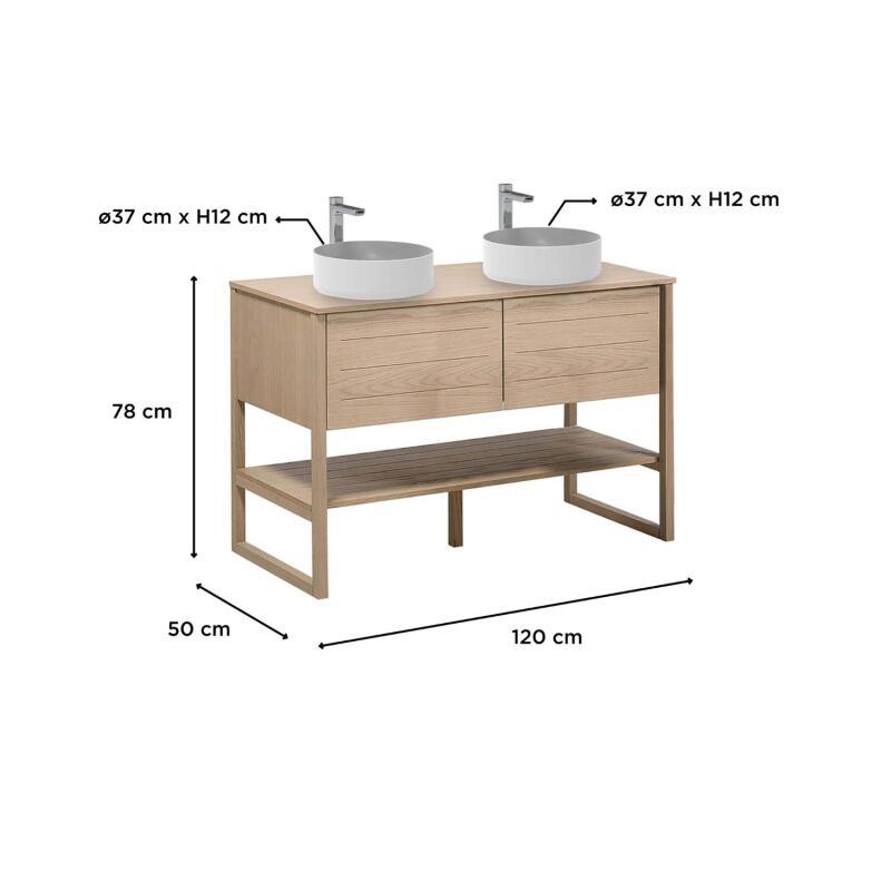 Ensemble meuble double vasque 120cm chêne naturel avec vasques rondes blanches ATOLL