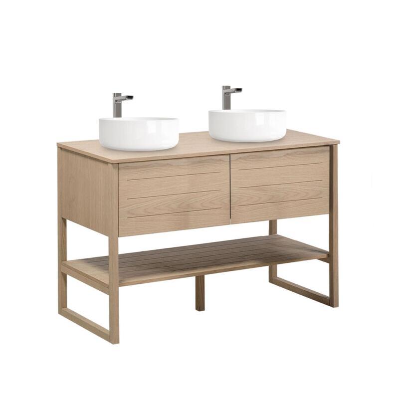 Ensemble meuble double vasque 120cm chêne naturel avec vasques rondes blanches et robinets ATOLL