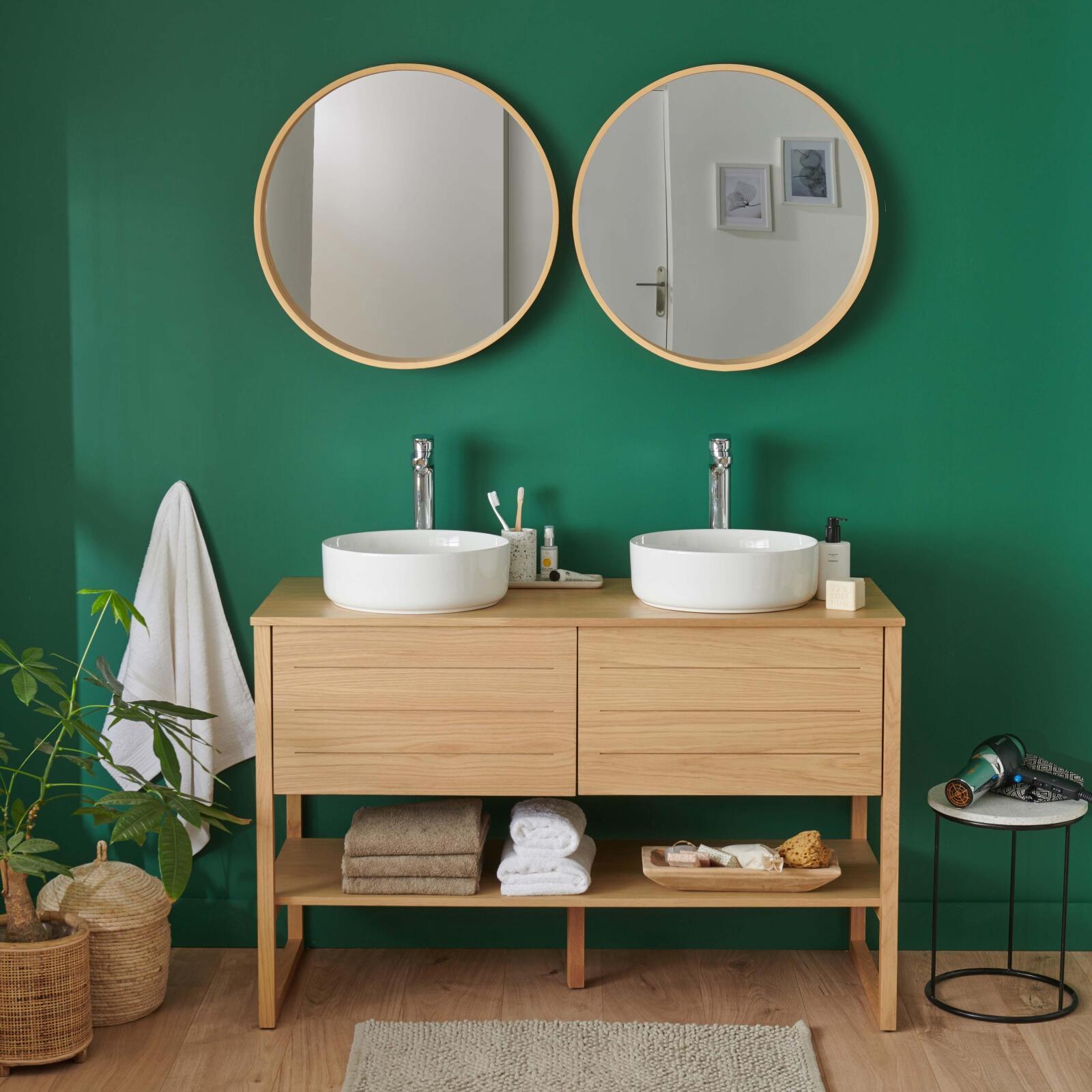 Ensemble double vasque 120cm chêne naturel avec vasques rondes blanches, robinets et miroir ATOLL