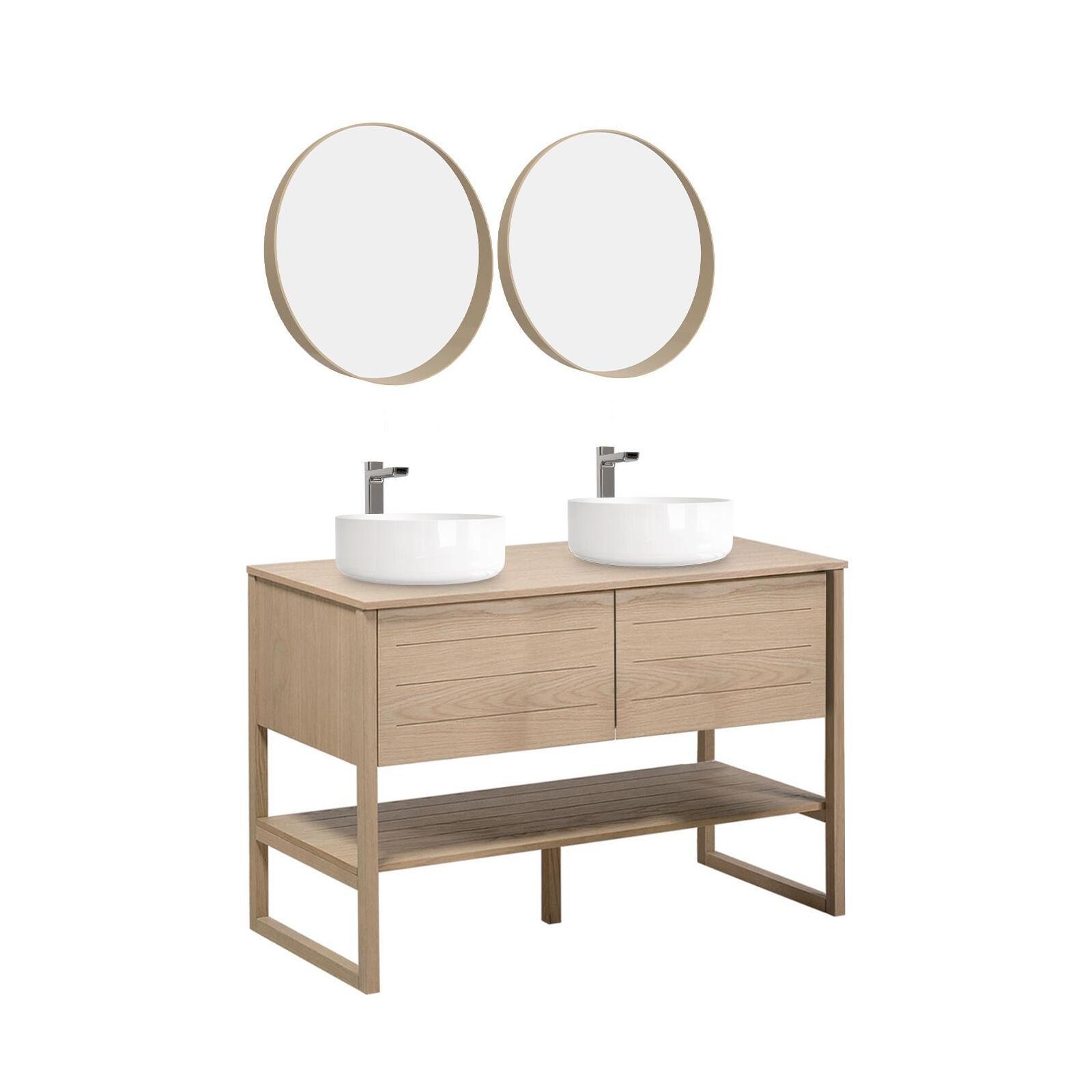 Ensemble double vasque 120cm chêne naturel avec vasques rondes blanches, robinets et miroir ATOLL