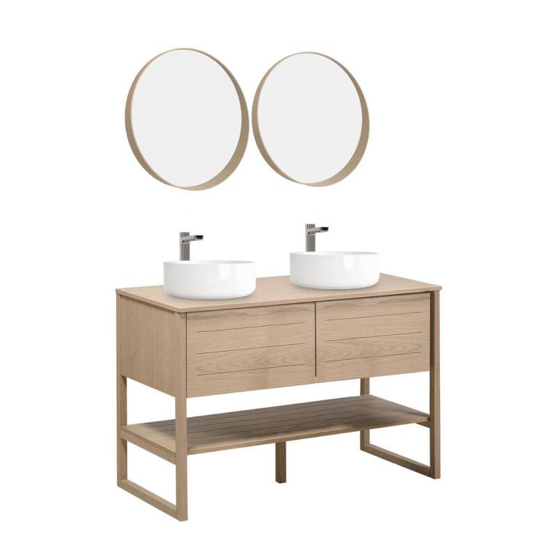 Ensemble double vasque 120cm chêne naturel avec vasques rondes blanches, robinets et miroir ATOLL