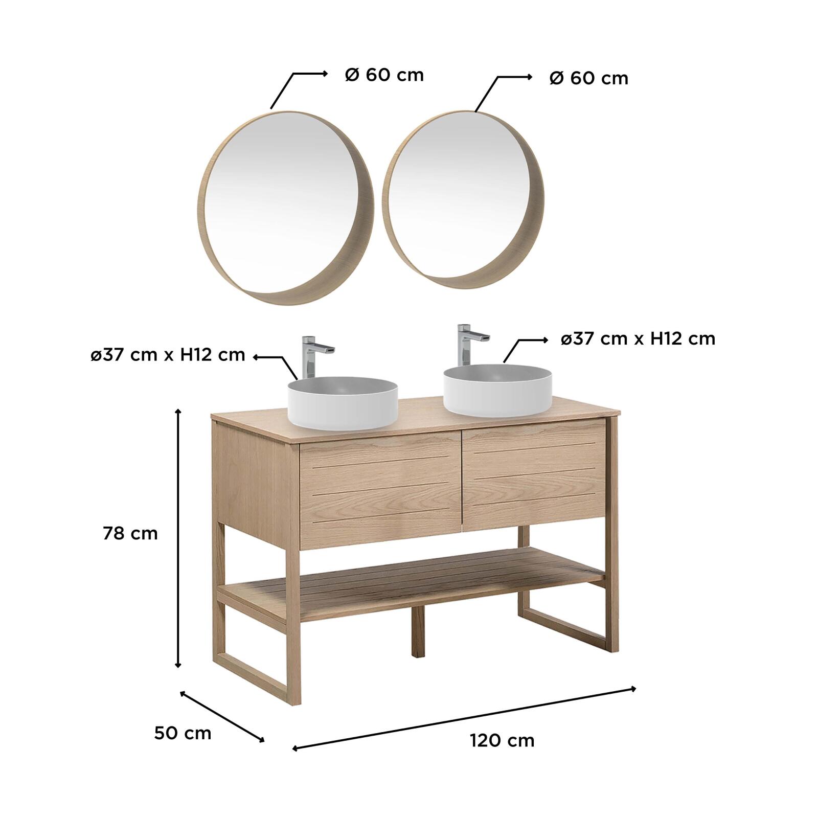 Ensemble double vasque 120cm chêne naturel avec vasques rondes blanches, robinets et miroir ATOLL