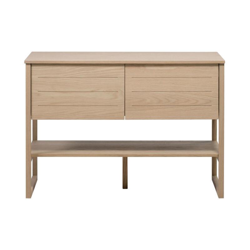 Ensemble double vasque 120cm chêne naturel avec vasques rondes blanches, robinets et miroir ATOLL