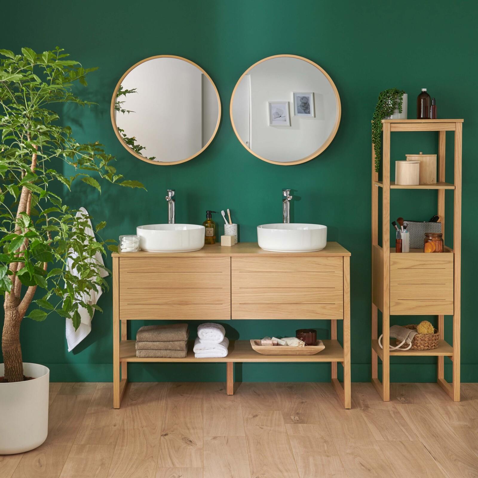 Ensemble salle de bain 120cm double vasque chêne naturel avec colonne, vasques rondes blanches, miroirs et robinets ATOLL