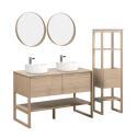 Ensemble salle de bain 120cm double vasque chêne naturel avec colonne, vasques rondes blanches, miroirs et robinets ATOLL