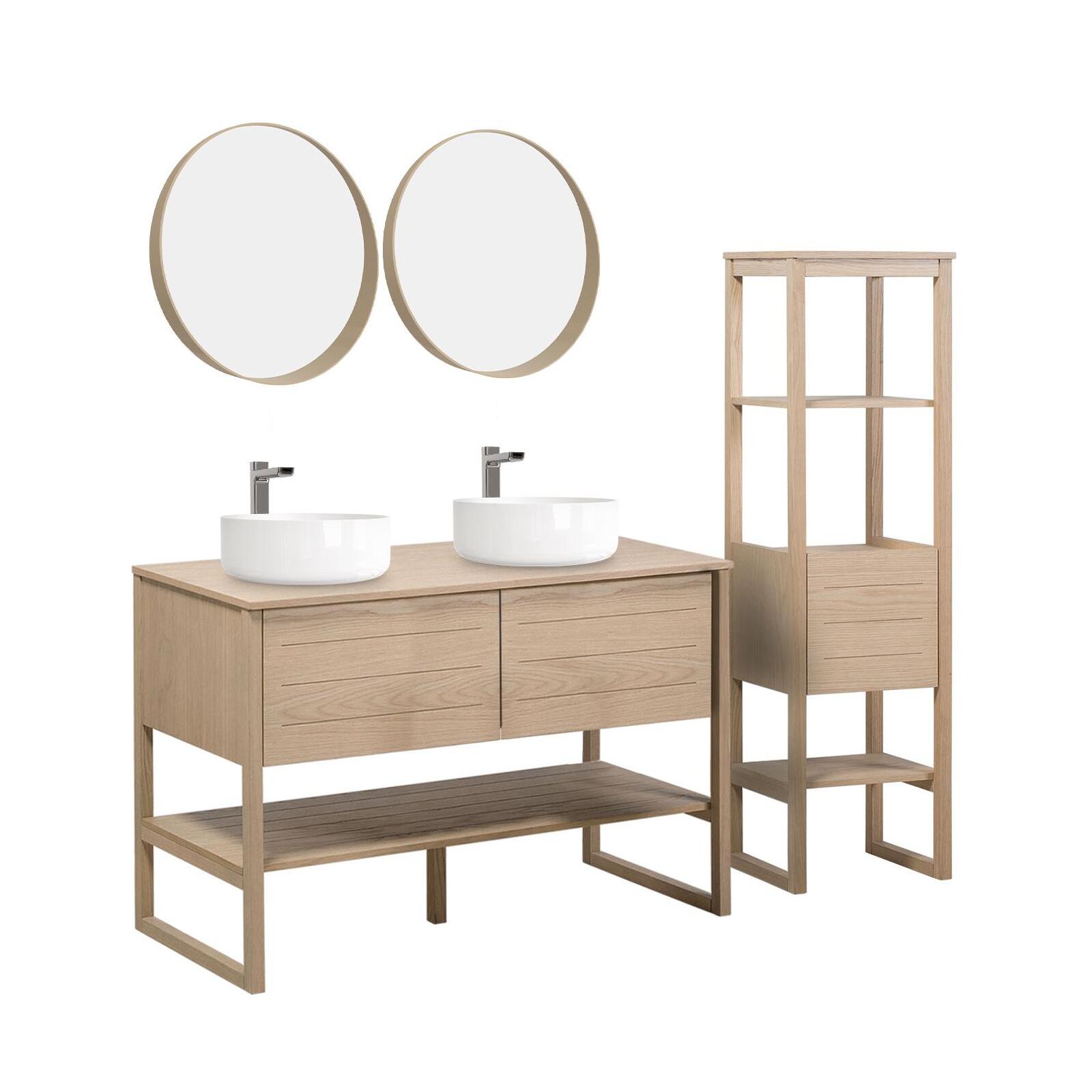 Ensemble salle de bain 120cm double vasque chêne naturel avec colonne, vasques rondes blanches, miroirs et robinets ATOLL