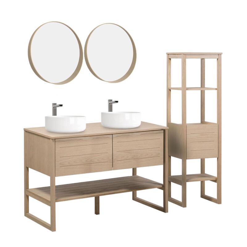 Ensemble salle de bain 120cm double vasque chêne naturel avec colonne, vasques rondes blanches, miroirs et robinets ATOLL