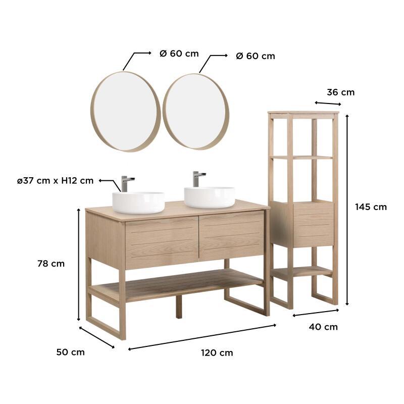 Ensemble salle de bain 120cm double vasque chêne naturel avec colonne, vasques rondes blanches, miroirs et robinets ATOLL