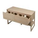 Ensemble salle de bain 120cm double vasque chêne naturel avec colonne, vasques rondes blanches, miroirs et robinets ATOLL