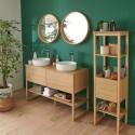Ensemble salle de bain 120cm double vasque chêne naturel avec colonne, vasques rondes blanches, miroirs et robinets ATOLL