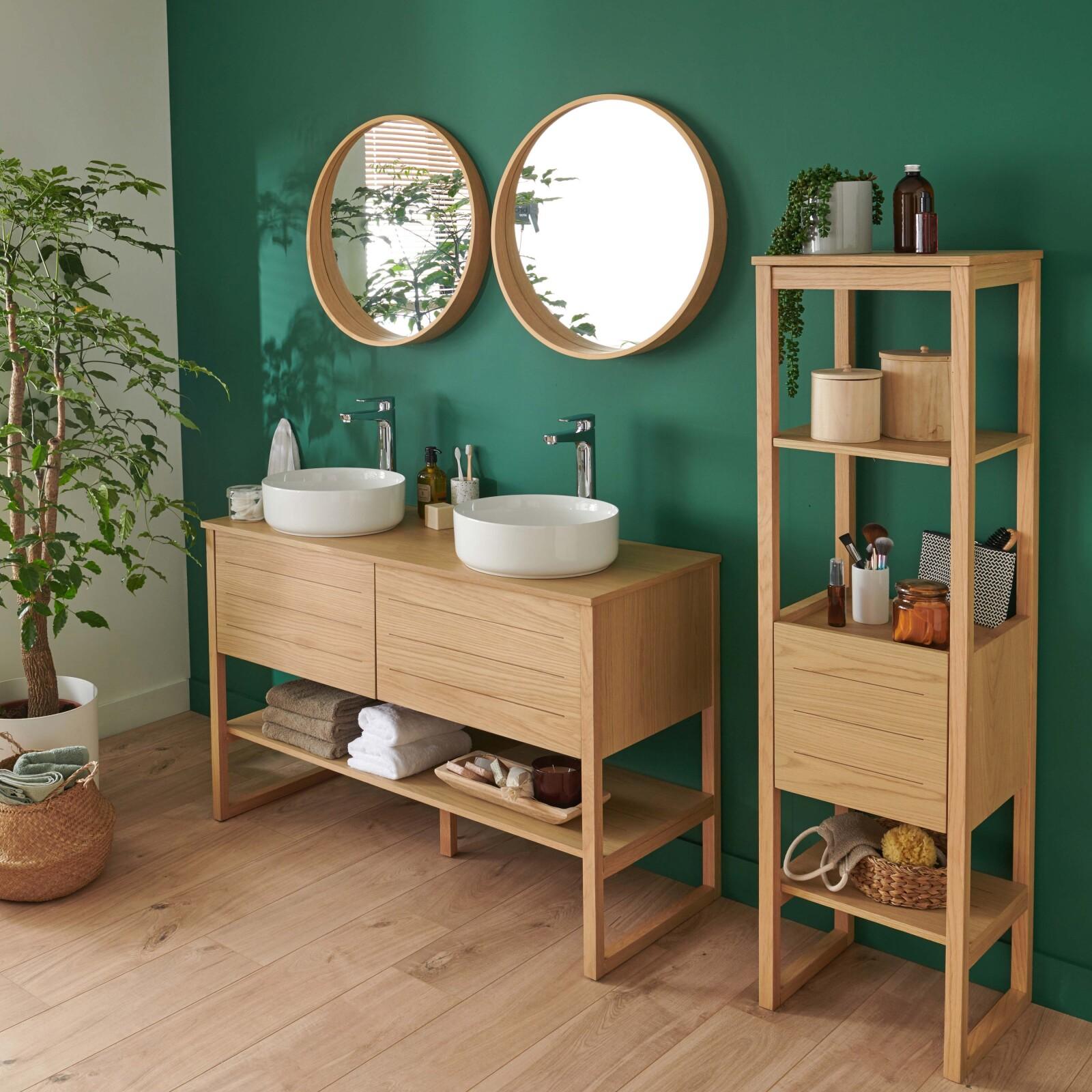 Ensemble salle de bain 120cm double vasque chêne naturel avec colonne, vasques rondes blanches, miroirs et robinets ATOLL