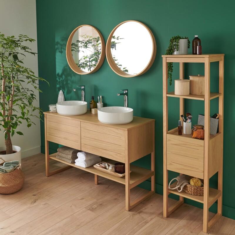Ensemble salle de bain 120cm double vasque chêne naturel avec colonne, vasques rondes blanches, miroirs et robinets ATOLL