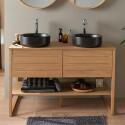 Ensemble meuble double vasque 120cm chêne naturel avec vasques rondes noires ATOLL