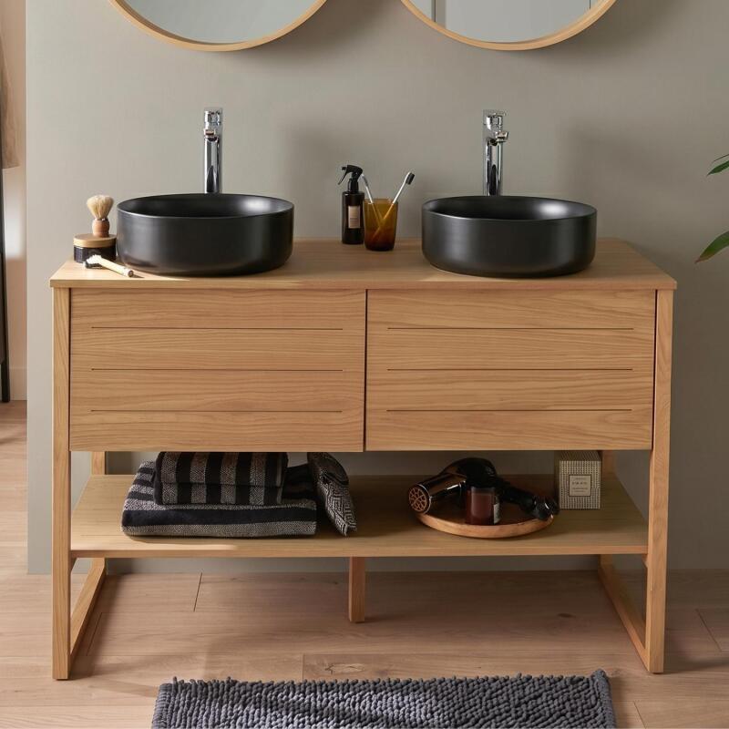 Ensemble meuble double vasque 120cm chêne naturel avec vasques rondes noires ATOLL