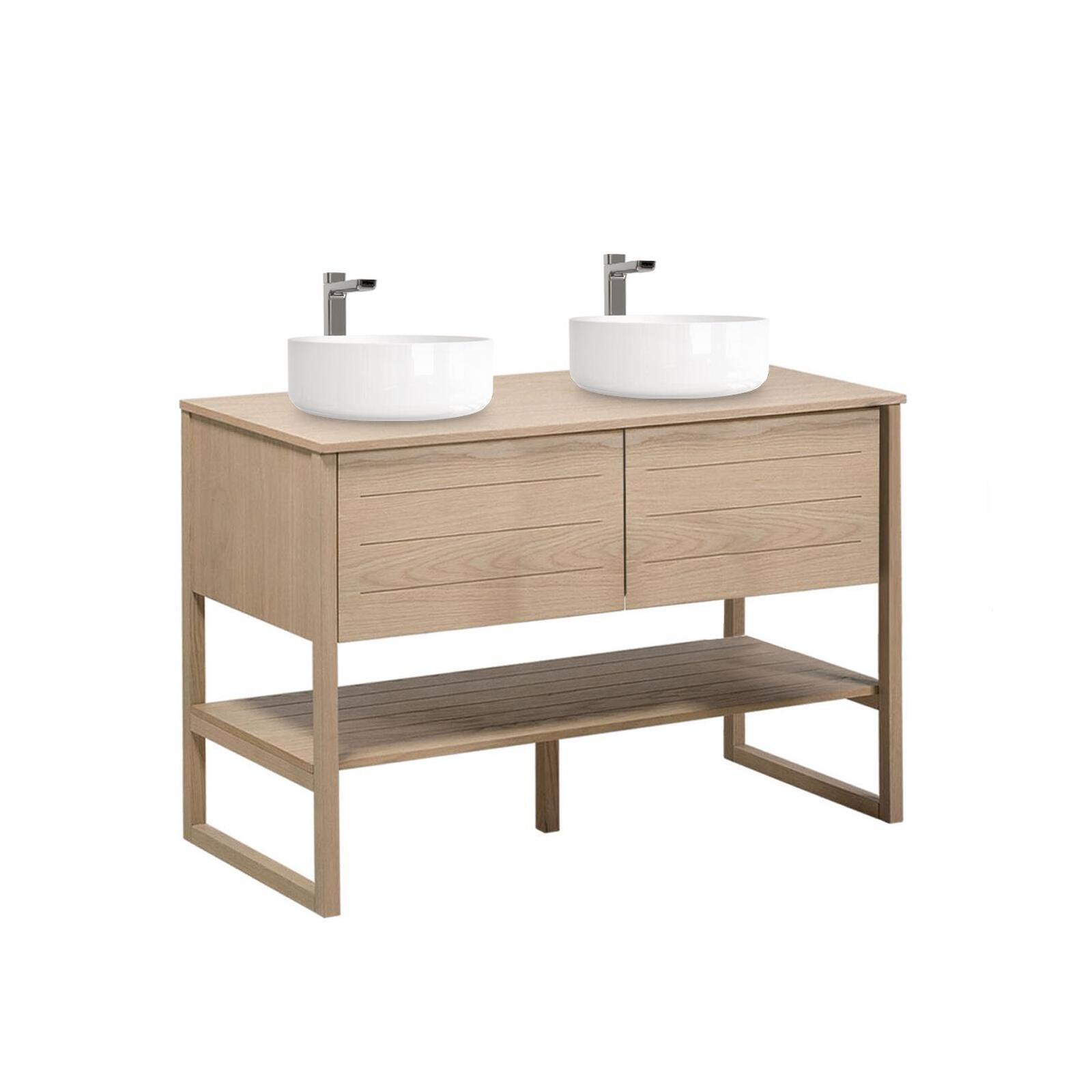 Ensemble meuble double vasque 120cm chêne naturel avec vasques rondes noires ATOLL