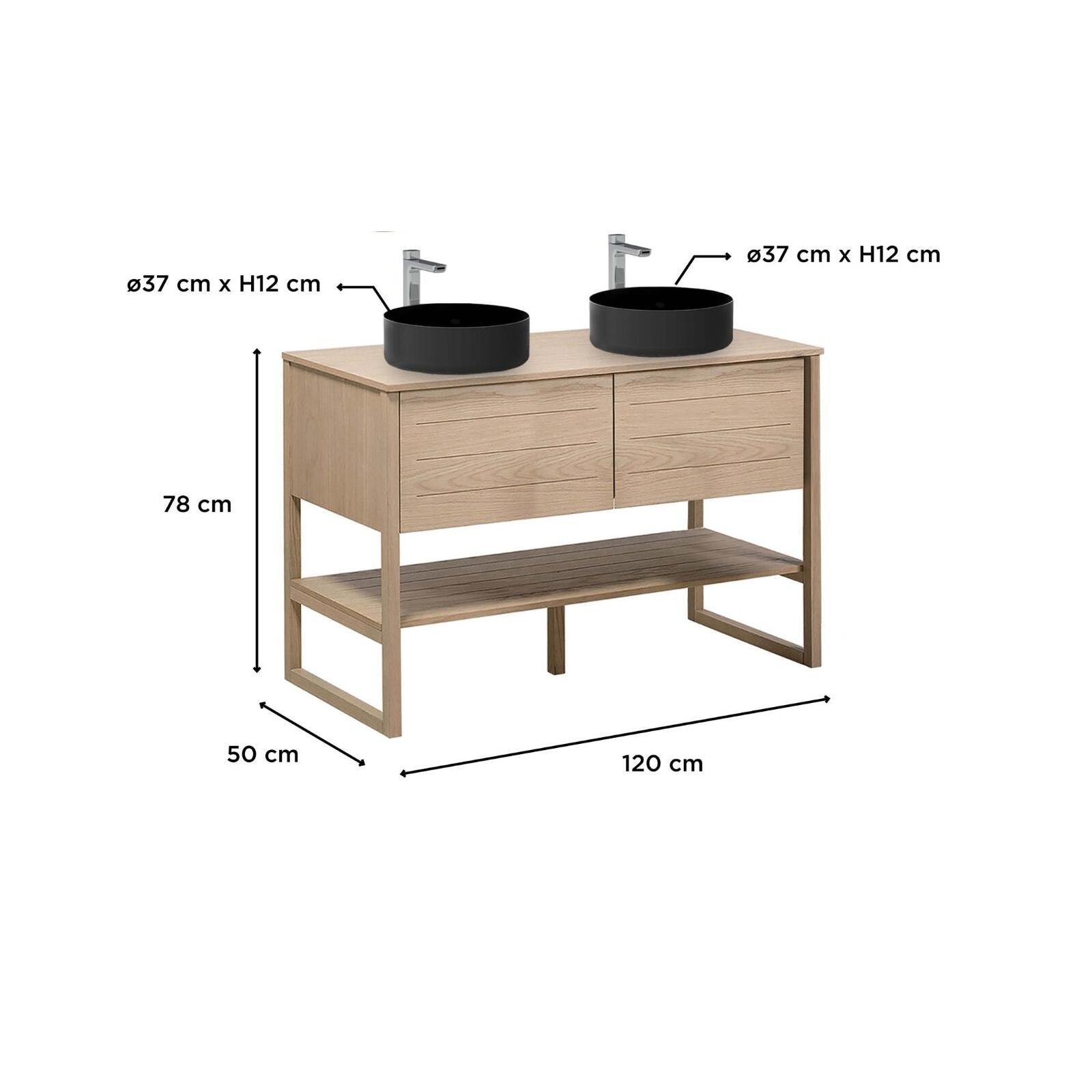 Ensemble meuble double vasque 120cm chêne naturel avec vasques rondes noires ATOLL