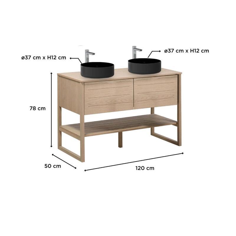 Ensemble meuble double vasque 120cm chêne naturel avec vasques rondes noires ATOLL