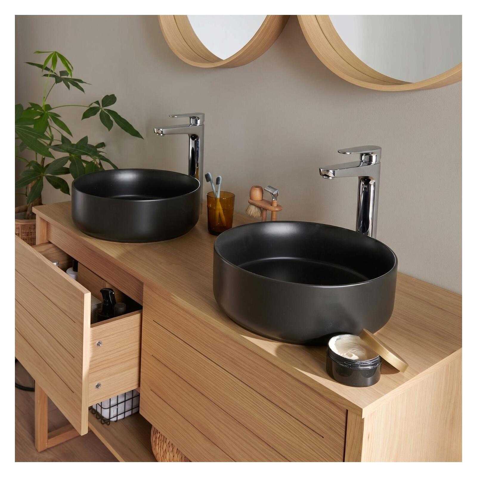Ensemble meuble double vasque 120cm chêne naturel avec vasques rondes noires ATOLL
