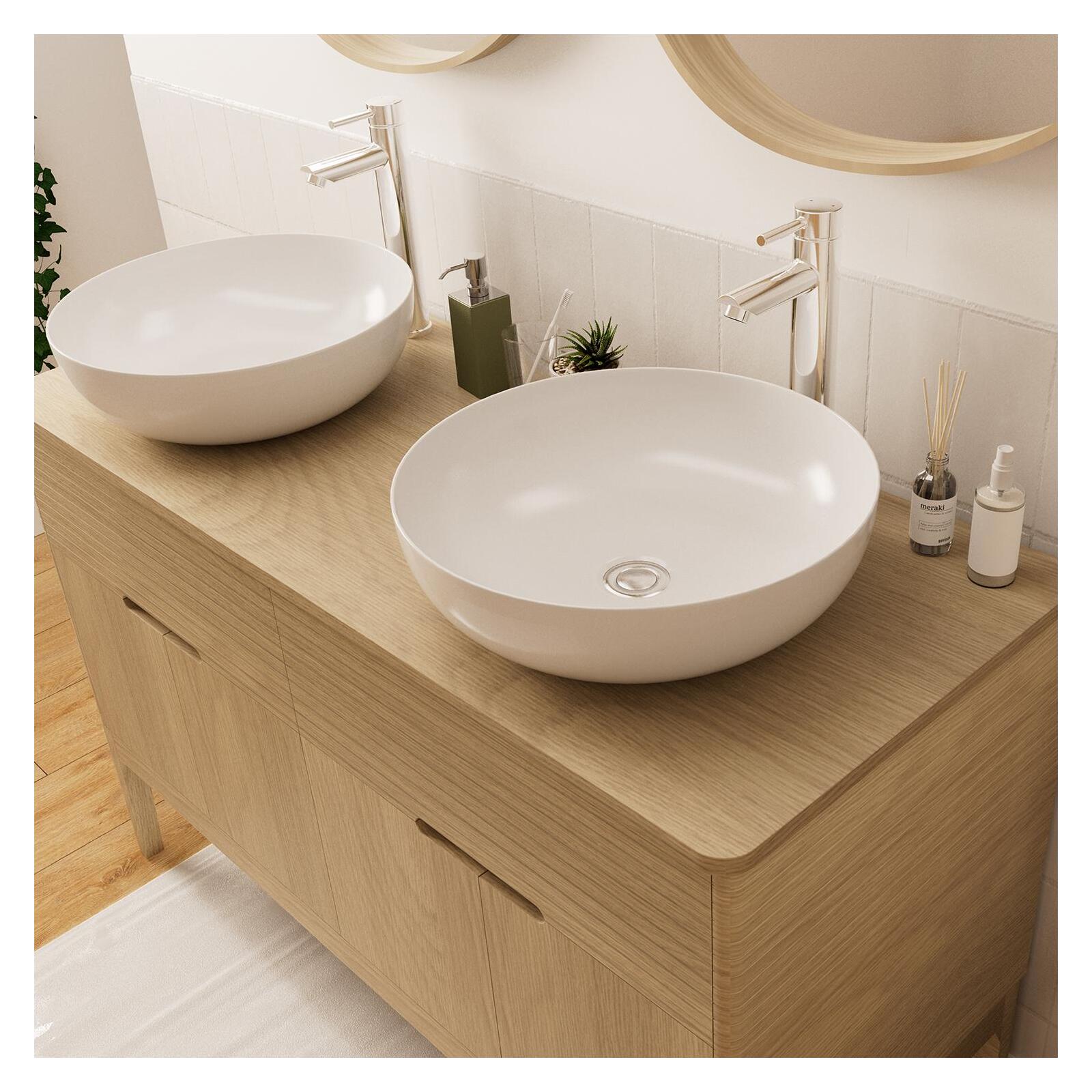 Ensemble meuble double vasque 120 cm chêne naturel + 2 vasques + 2 robinets + 2 miroirs