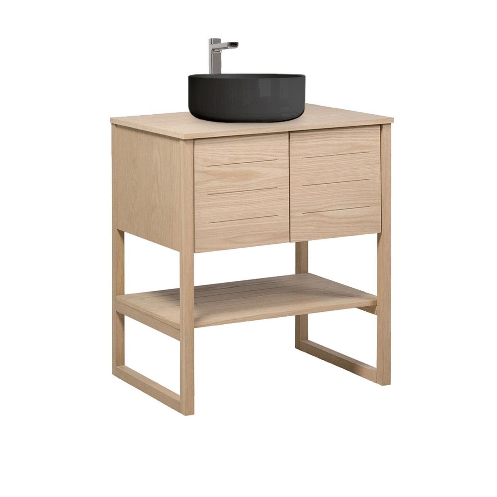 Ensemble meuble 70cm chêne naturel avec vasque à poser ronde noire ATOLL