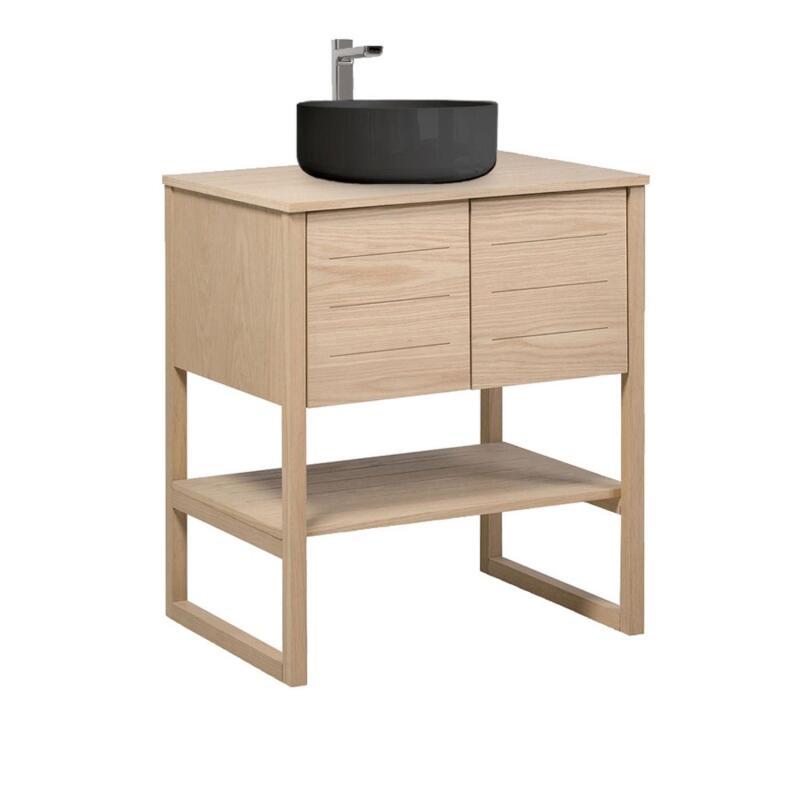 Ensemble meuble 70cm chêne naturel avec vasque à poser ronde noire ATOLL