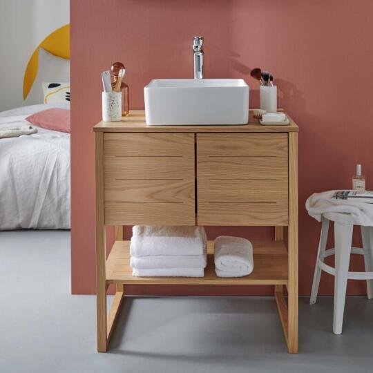 Ensemble meuble 70cm chêne naturel avec vasque carrée blanche et robinet chromé