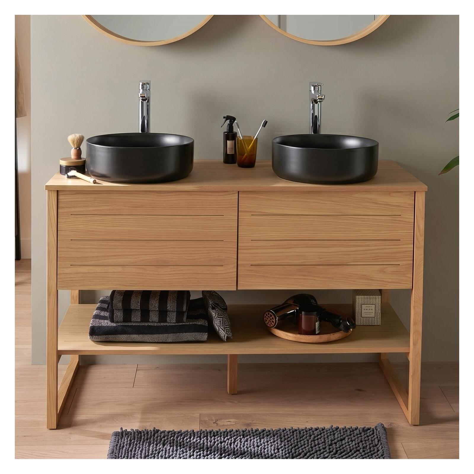 Ensemble meuble double vasque 120cm chêne naturel avec vasques rondes noires et robinets