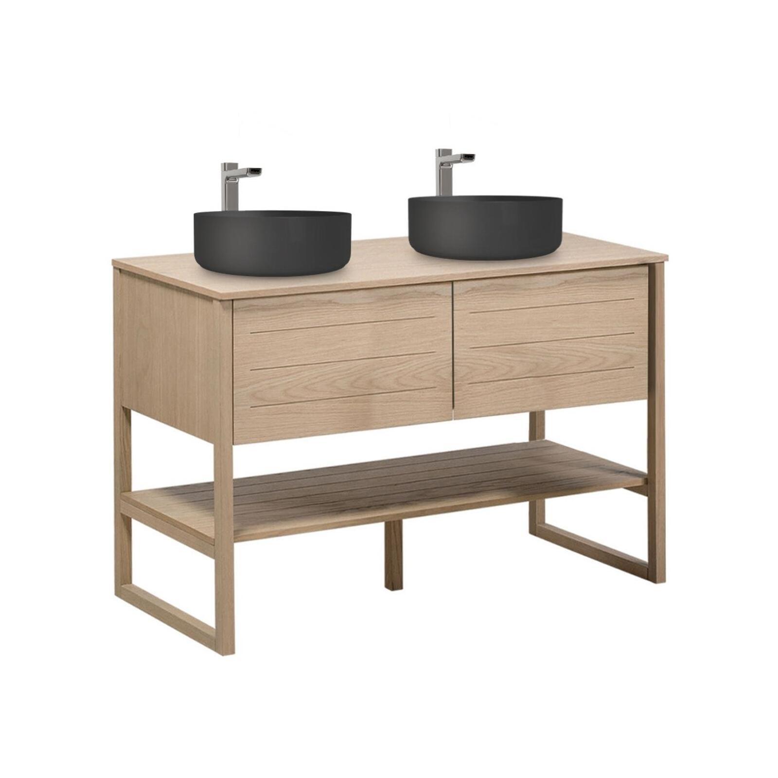Ensemble meuble double vasque 120cm chêne naturel avec vasques rondes noires et robinets