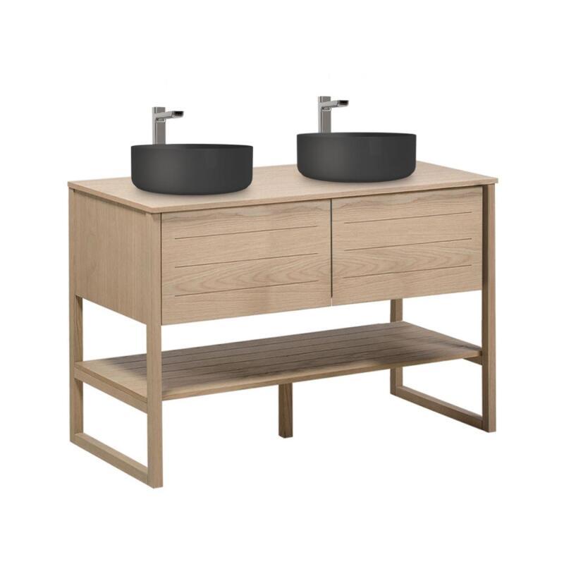 Ensemble meuble double vasque 120cm chêne naturel avec vasques rondes noires et robinets