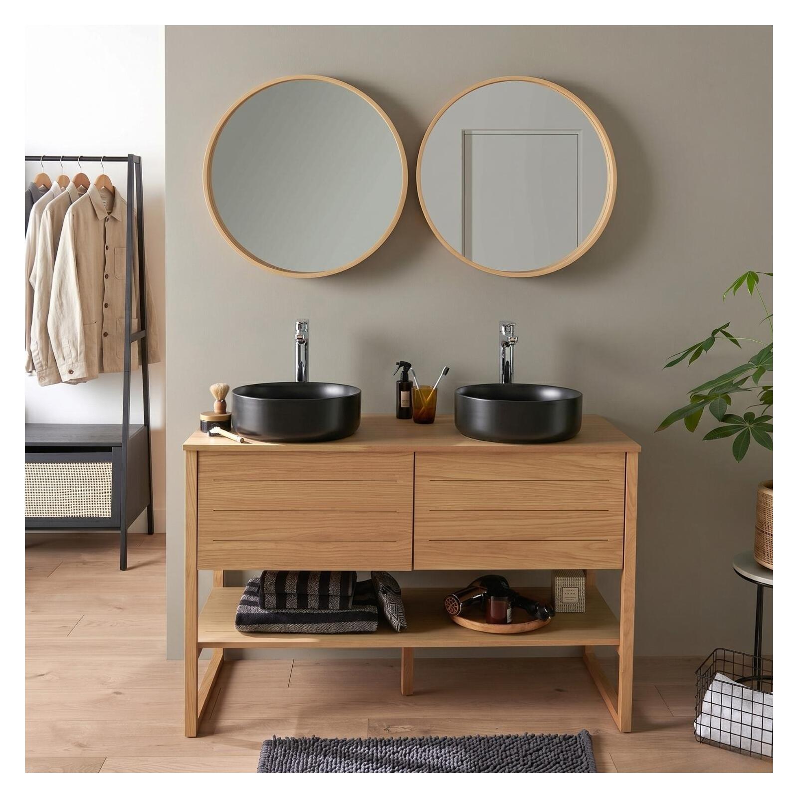 Ensemble double vasque 120cm chêne naturel avec vasques rondes noires, robinets et miroir