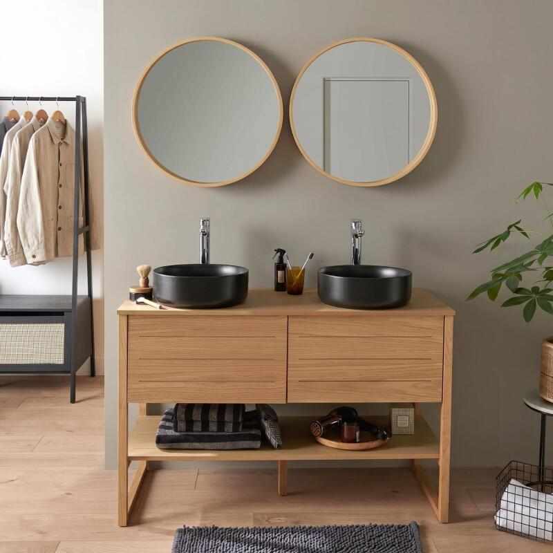Ensemble double vasque 120cm chêne naturel avec vasques rondes noires, robinets et miroir