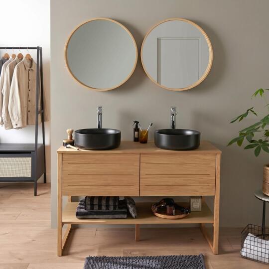 Ensemble double vasque 120cm chêne naturel avec vasques rondes noires, robinets et miroir