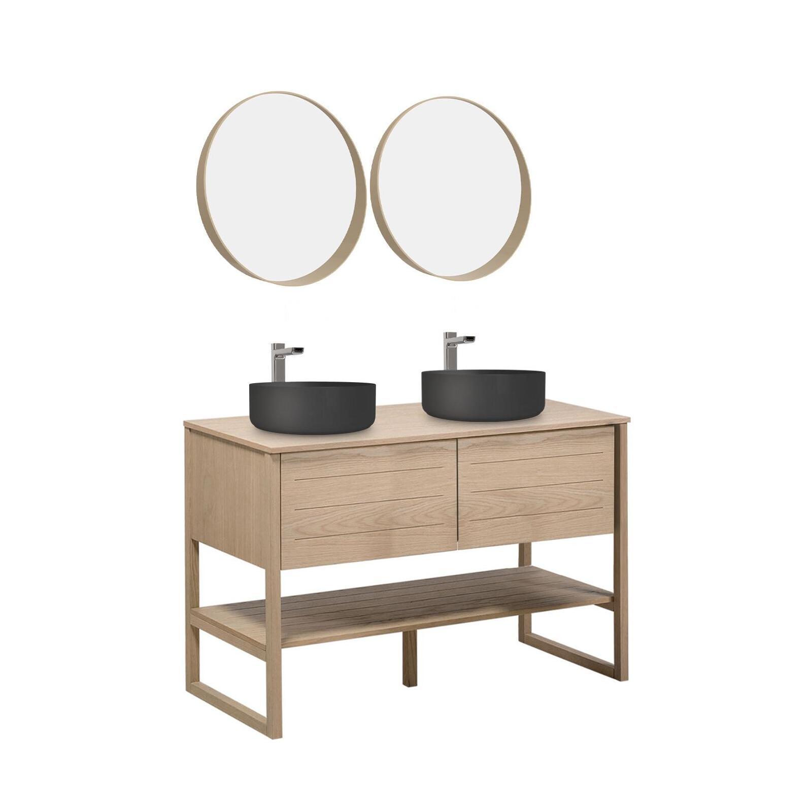 Ensemble double vasque 120cm chêne naturel avec vasques rondes noires, robinets et miroir