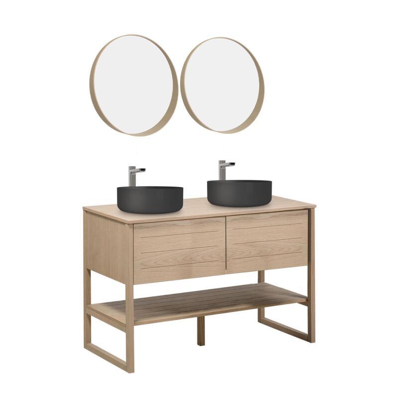 Ensemble double vasque 120cm chêne naturel avec vasques rondes noires, robinets et miroir