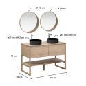 Ensemble double vasque 120cm chêne naturel avec vasques rondes noires, robinets et miroir