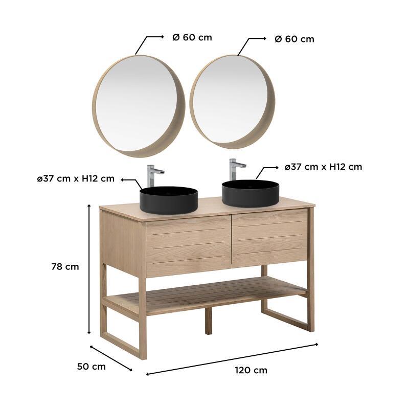 Ensemble double vasque 120cm chêne naturel avec vasques rondes noires, robinets et miroir