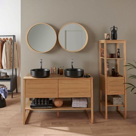 Ensemble salle de bain 120cm double vasque chêne naturel avec colonne, vasques rondes noires, miroirs et robinets