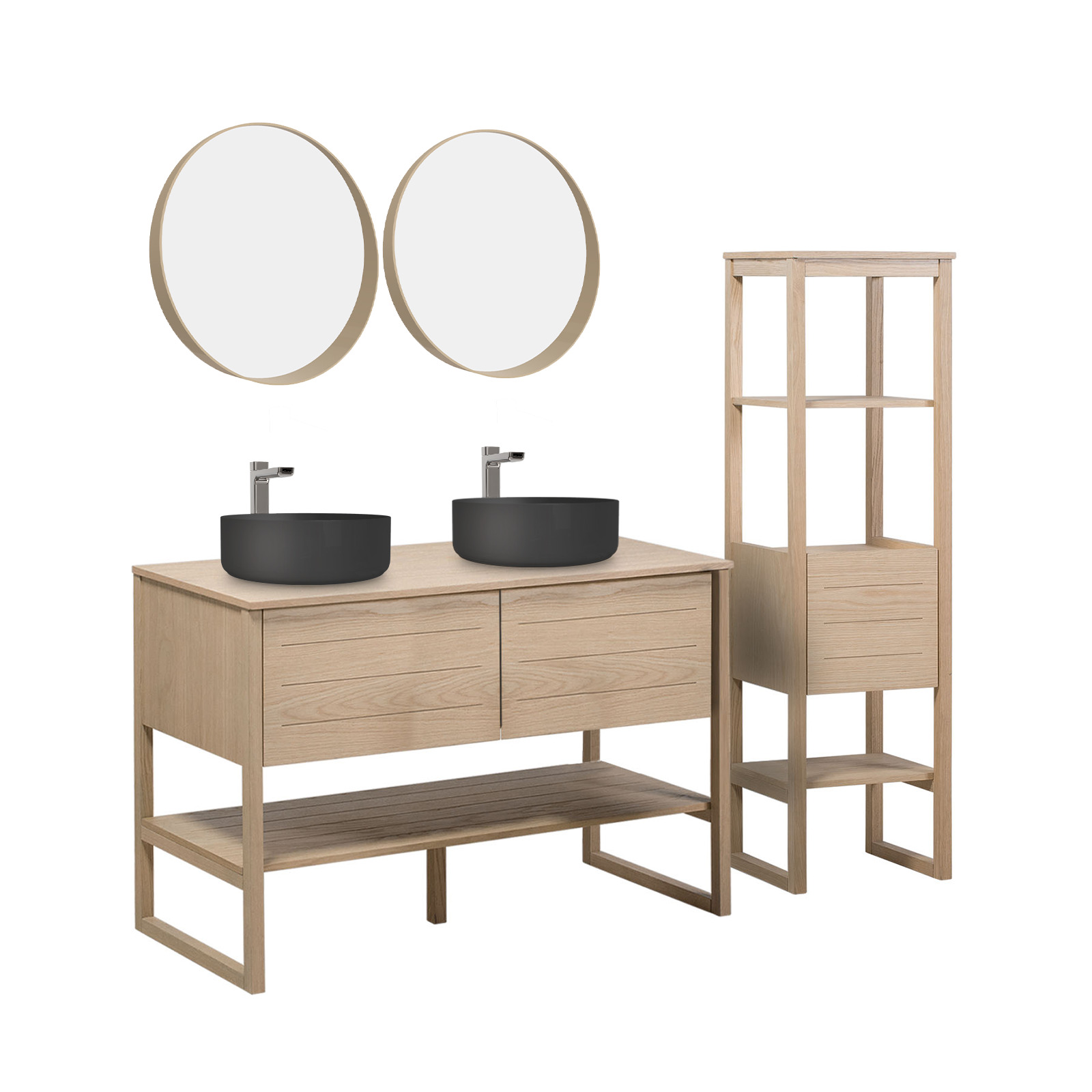 Ensemble salle de bain 120cm double vasque chêne naturel avec colonne, vasques rondes noires, miroirs et robinets