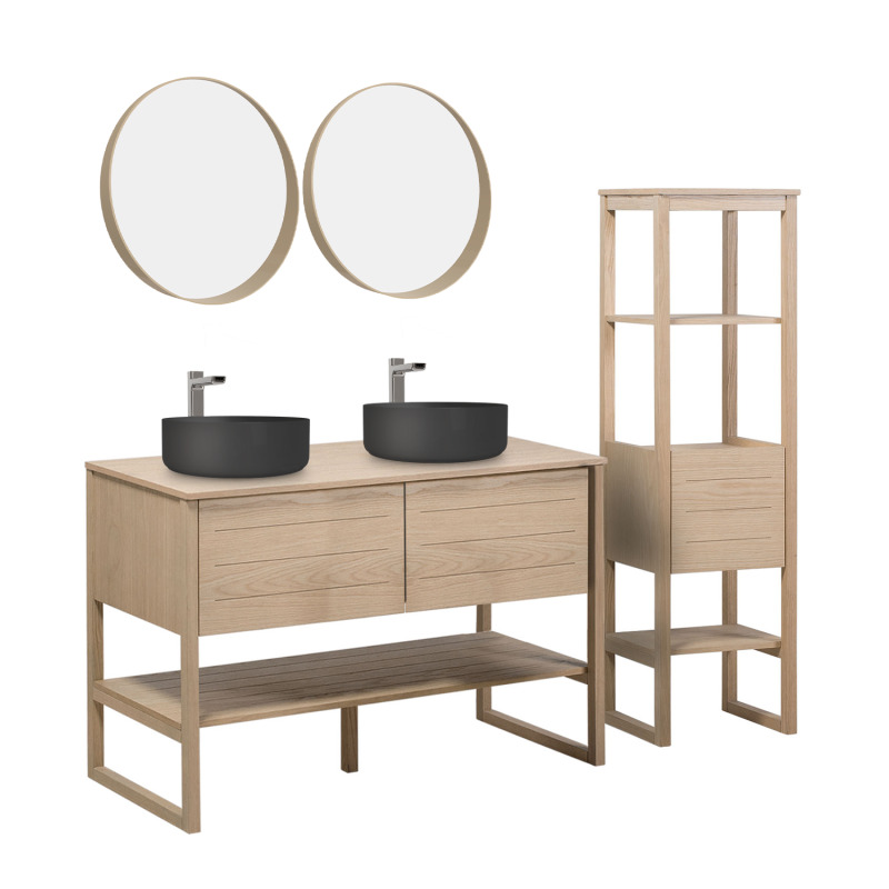 Ensemble salle de bain 120cm double vasque chêne naturel avec colonne, vasques rondes noires, miroirs et robinets