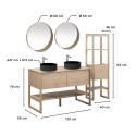 Ensemble salle de bain 120cm double vasque chêne naturel avec colonne, vasques rondes noires, miroirs et robinets