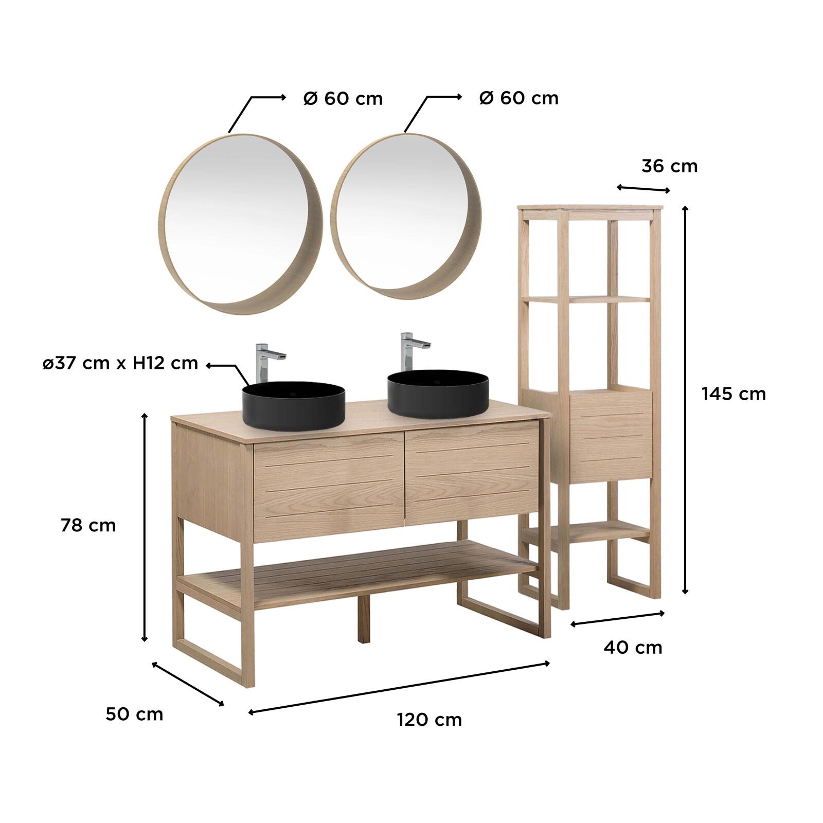 Ensemble salle de bain 120cm double vasque chêne naturel avec colonne, vasques rondes noires, miroirs et robinets